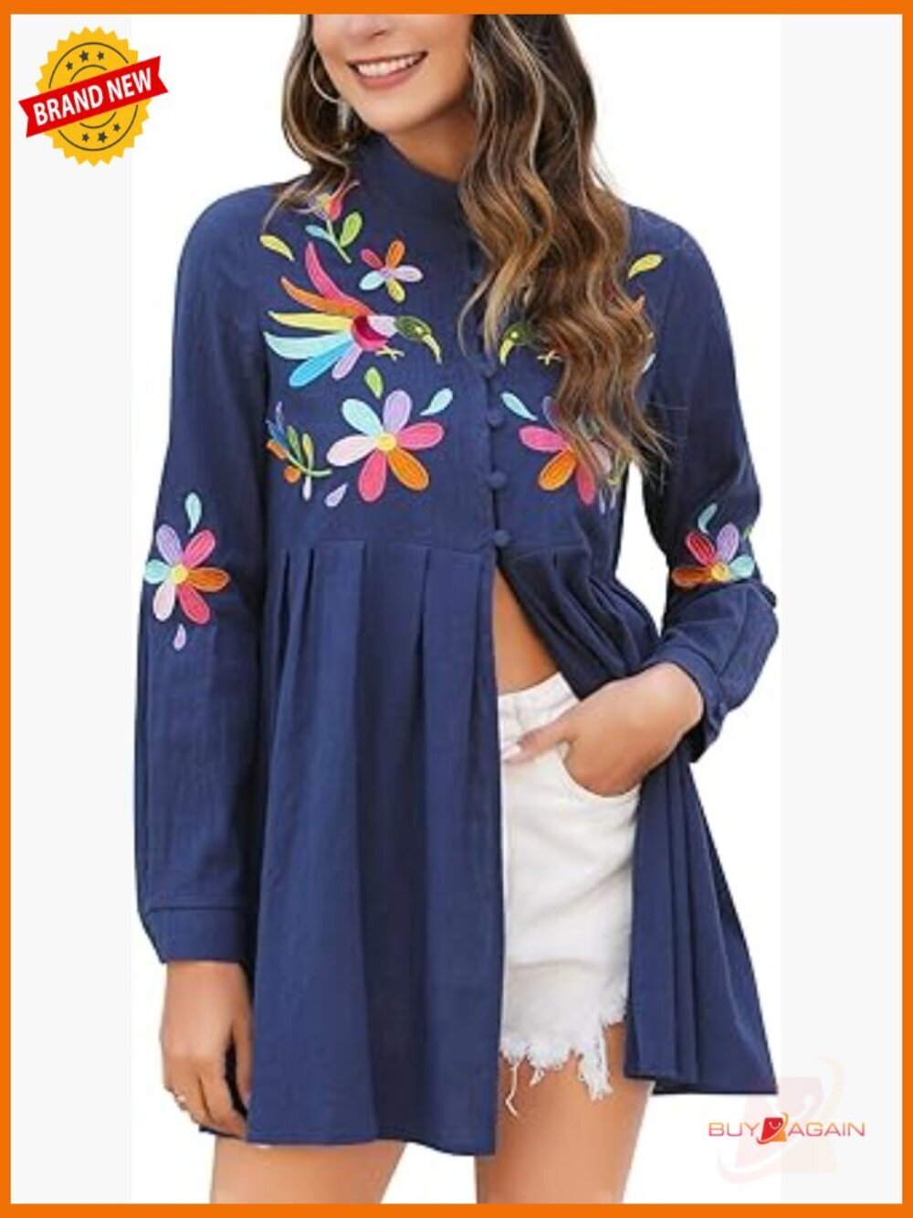Women's Embroidered Floral Long Sleeve Button Down Blouse Traditional Mexican
